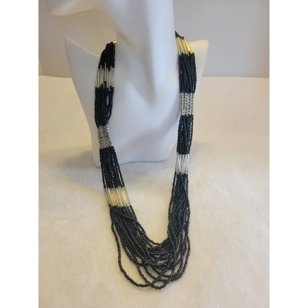 Vtg 90s Multi Strand Seed Bead Necklace OS Black layered Statement Jewelry